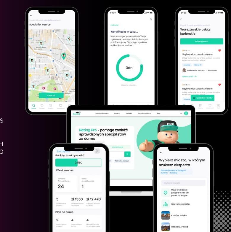 Rating Pro web marketplace and mobile app interfaces