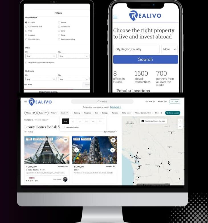 Realivo global property search on desktop and mobile